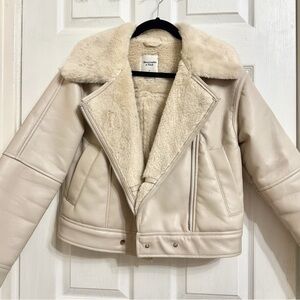 Abercrombie & Fitch Beige Leather Jacket with Shearling
